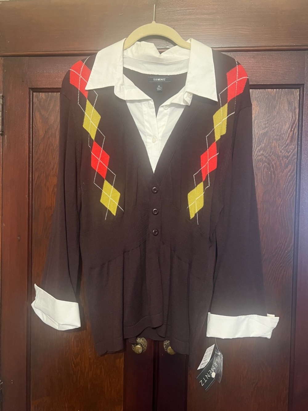 Elementz Brown Argyle Button-Front Sweater Top with White Collar